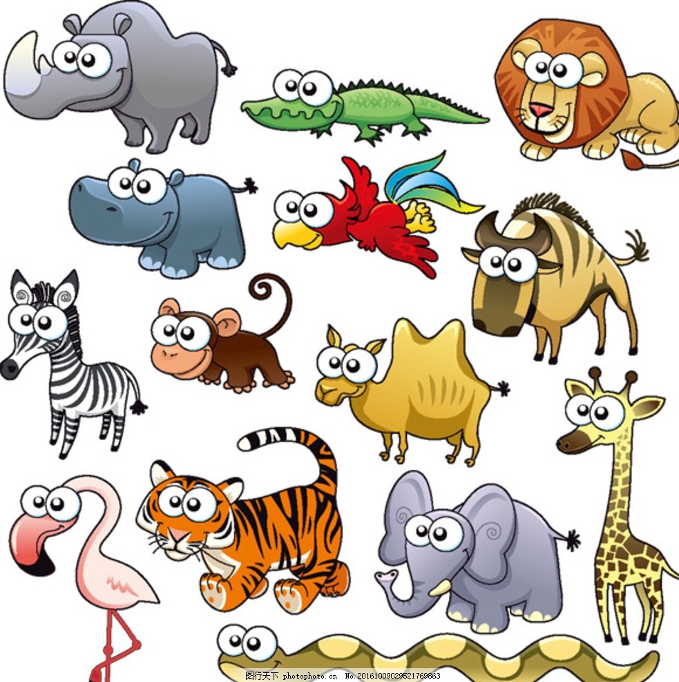 卡通小动物,犀牛 鳄鱼 狮子 河马 鹦鹉 斑马 猴子