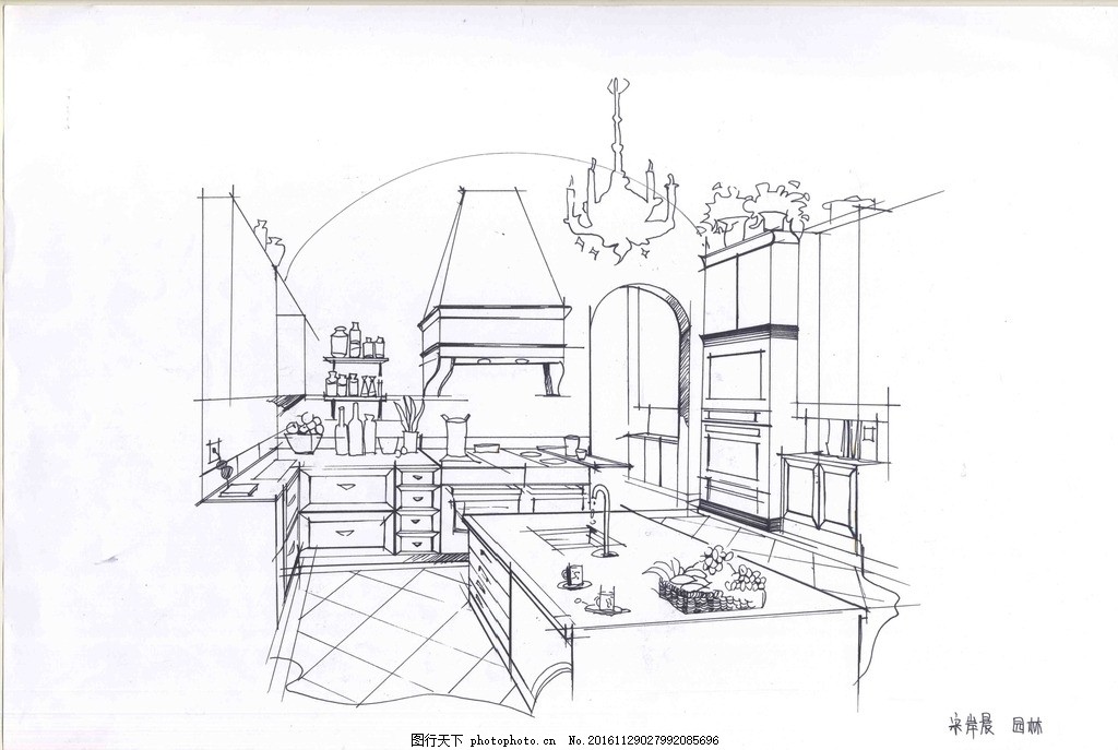 室内设计手绘线稿 客厅 厨房 钢笔画