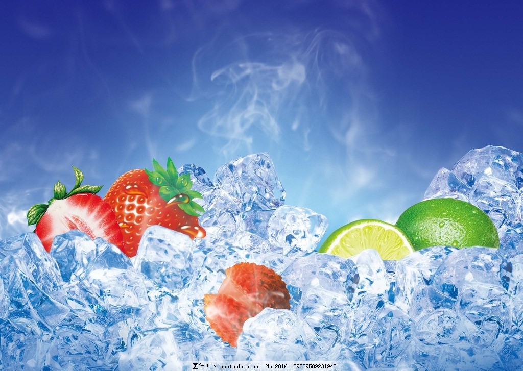 冰和水果,冰块 蓝色背景 冰水 清爽一夏 冰水混合-图行天下图库