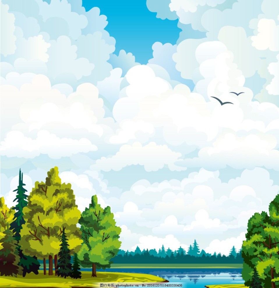 卡通手绘风景 湖边 树木 蓝天