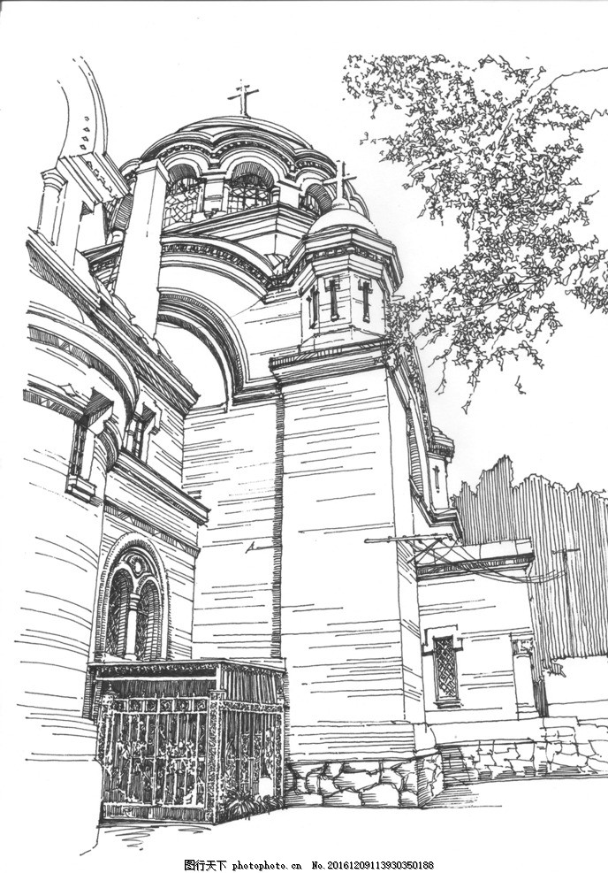 圣母守护教堂 精细钢笔画 速写 黑白钢笔画 手绘 单色画 建筑风景画