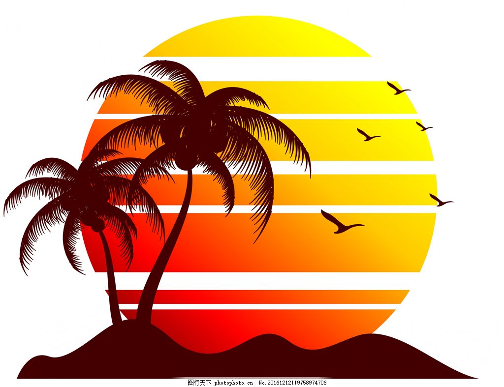 太阳和海边背景剪影,椰树 海鸥-图行天下图库