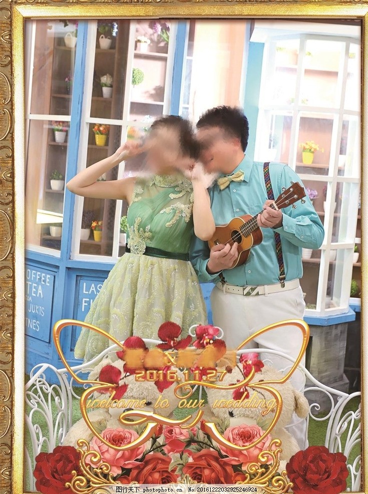 金色红玫瑰欧式花纹迎宾牌 迎宾牌 相框 边框 花纹 花边 手绘 婚礼